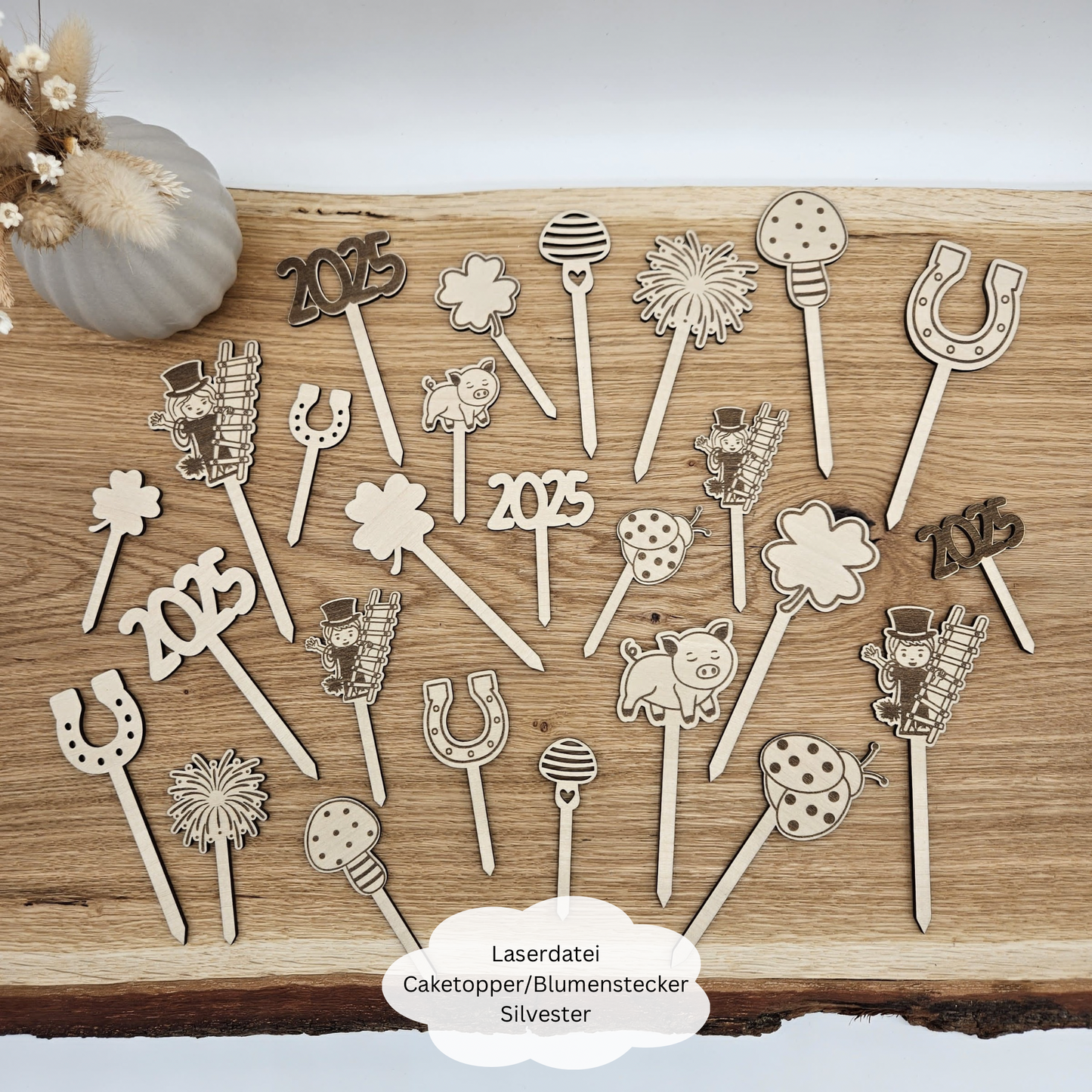 26 Caketopper, Muffintopper, Blumenstecker für Silvester - Laserdatei