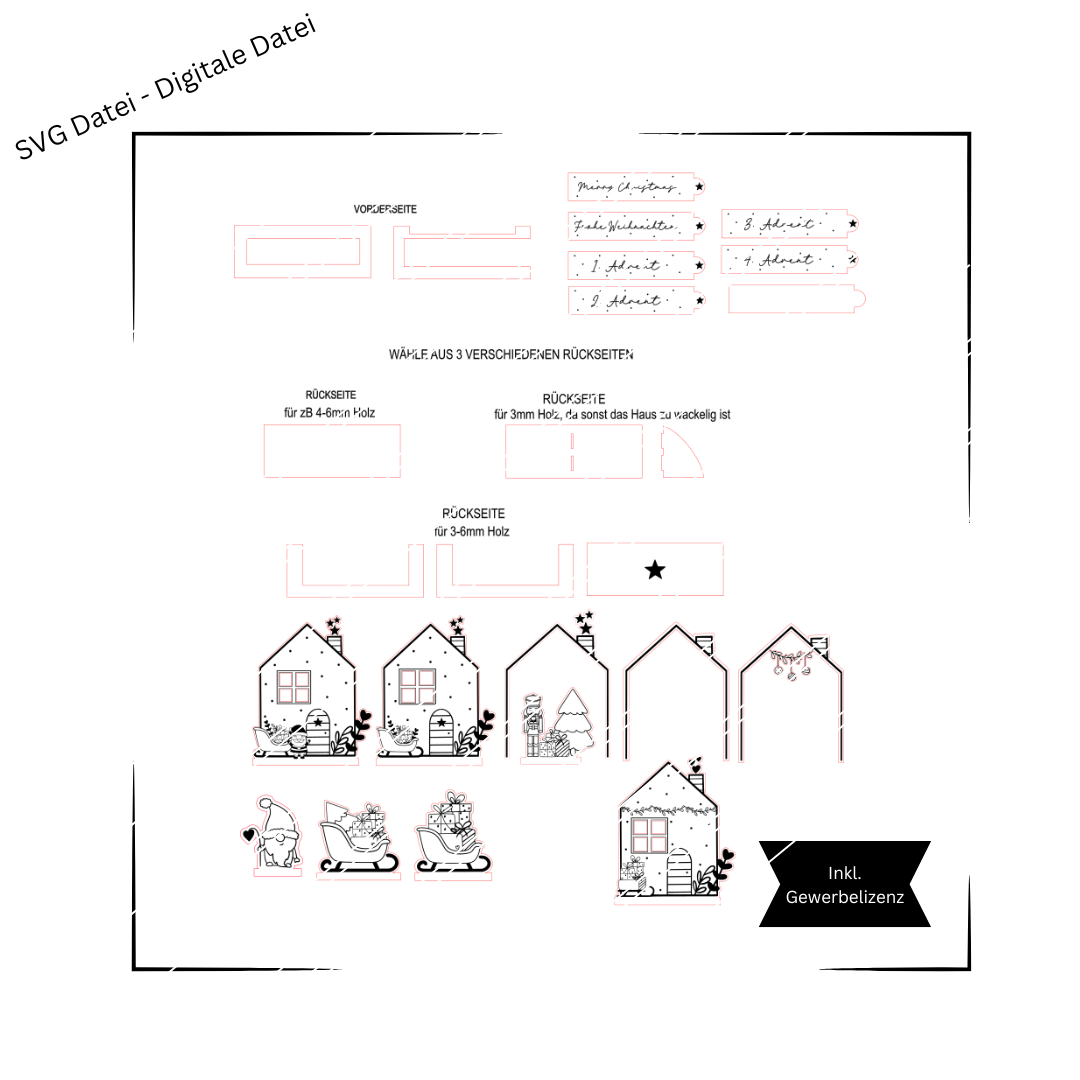 Aufsteller mit verschiedenen Weihnachtsmotiven, Aufsteller Haus, Weihnachtsdeko - Laserdatei Weihnachten