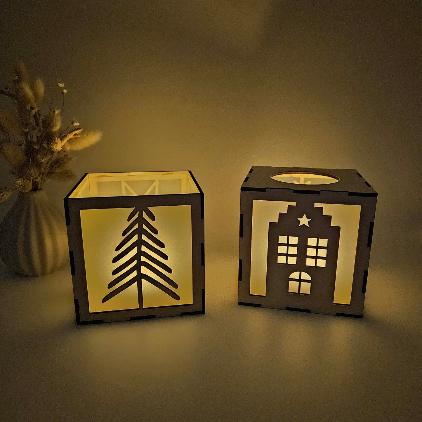 Leuchtboxen mit und ohne Deckel 3mm, Teelichtbox, Weihnachtslicht, Weihnachtshaus - Laserdatei