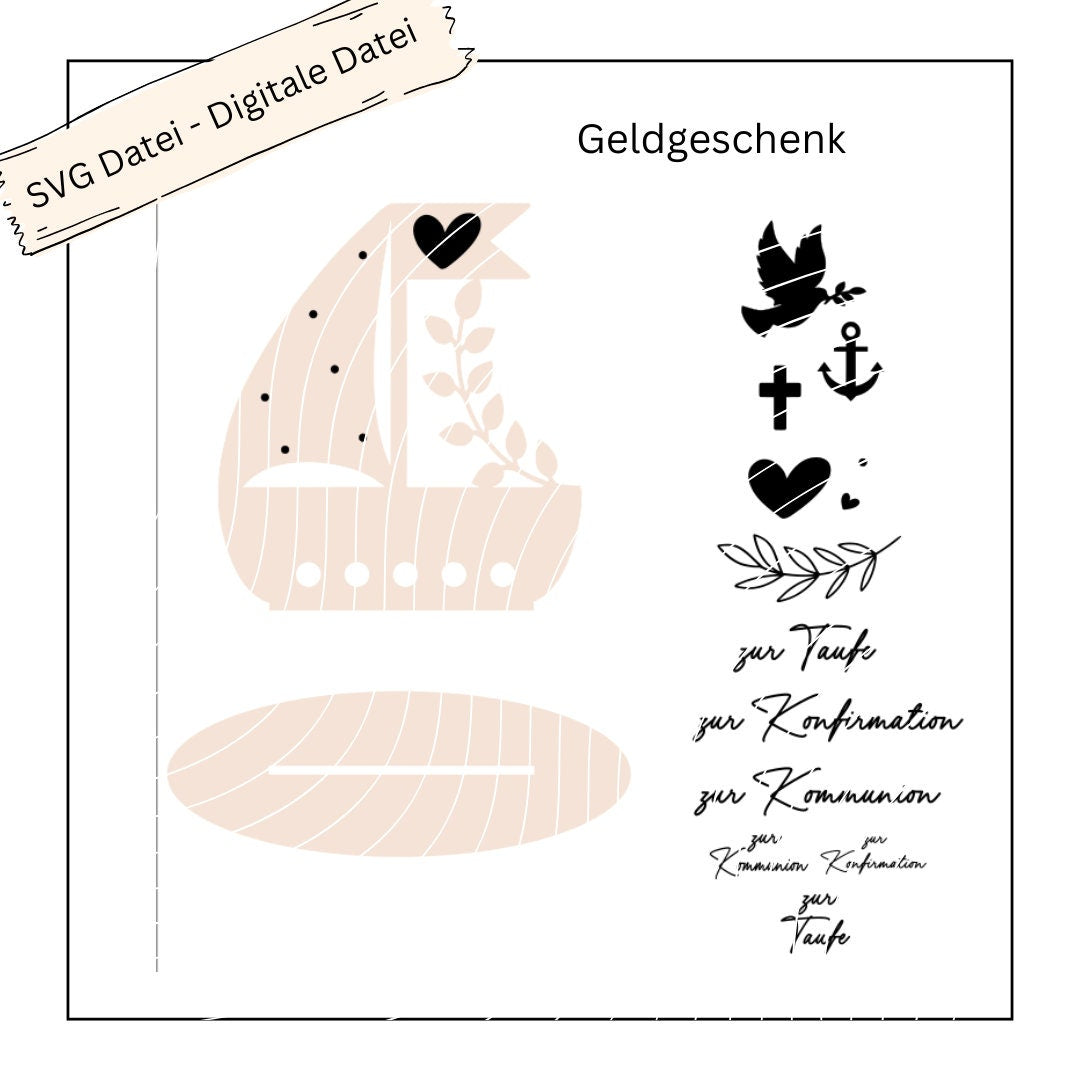 Geldgeschenk Boot floral zur Taufe, Kommunion, Konfirmation - Digitale Datei