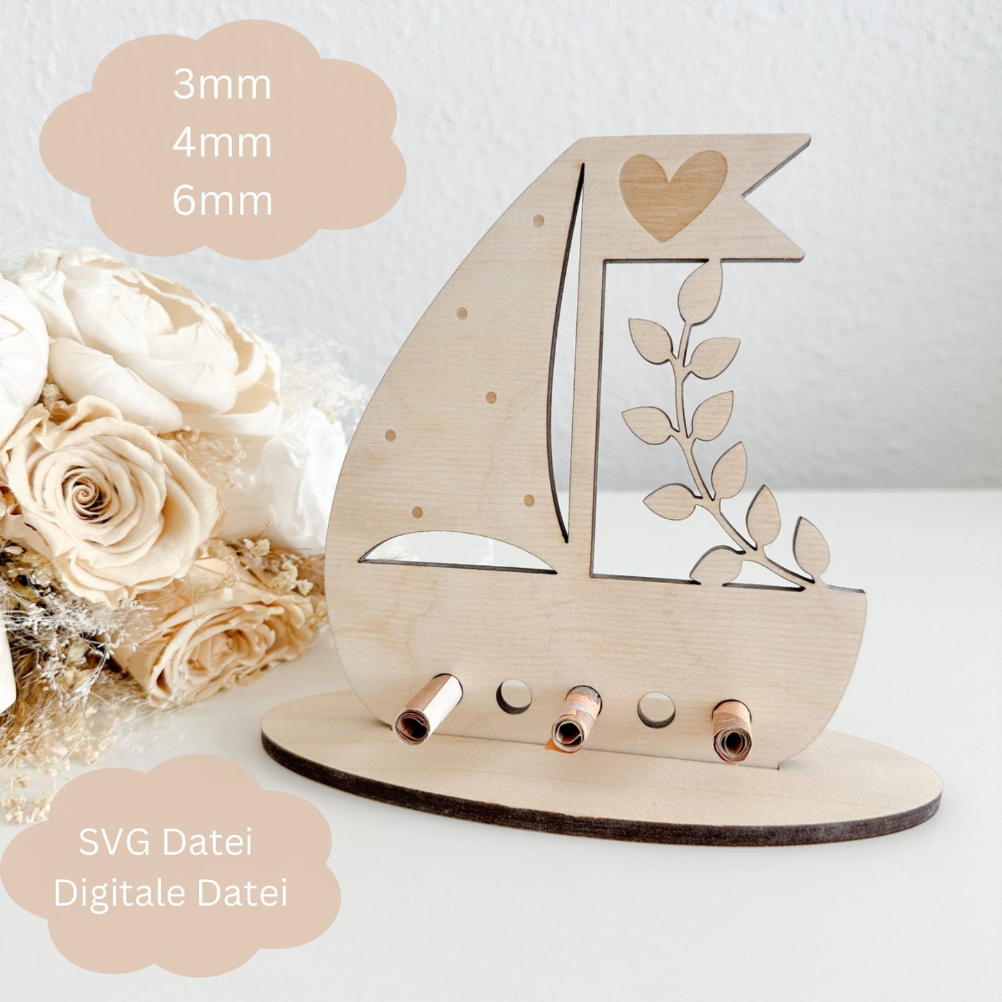 Geldgeschenk Boot floral zur Taufe, Kommunion, Konfirmation - Digitale Datei