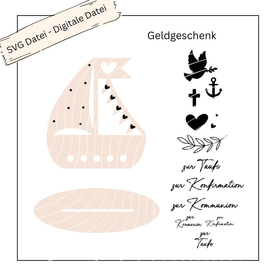 Geldgeschenk Boot mit Wimpel zur Taufe, Kommunion, Konfirmation - Digitale Datei