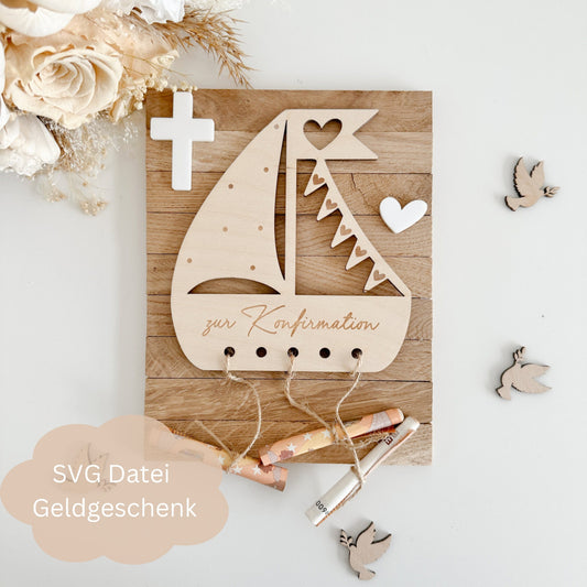 Geldgeschenk Boot mit Wimpel zur Taufe, Kommunion, Konfirmation -Digitale Datei