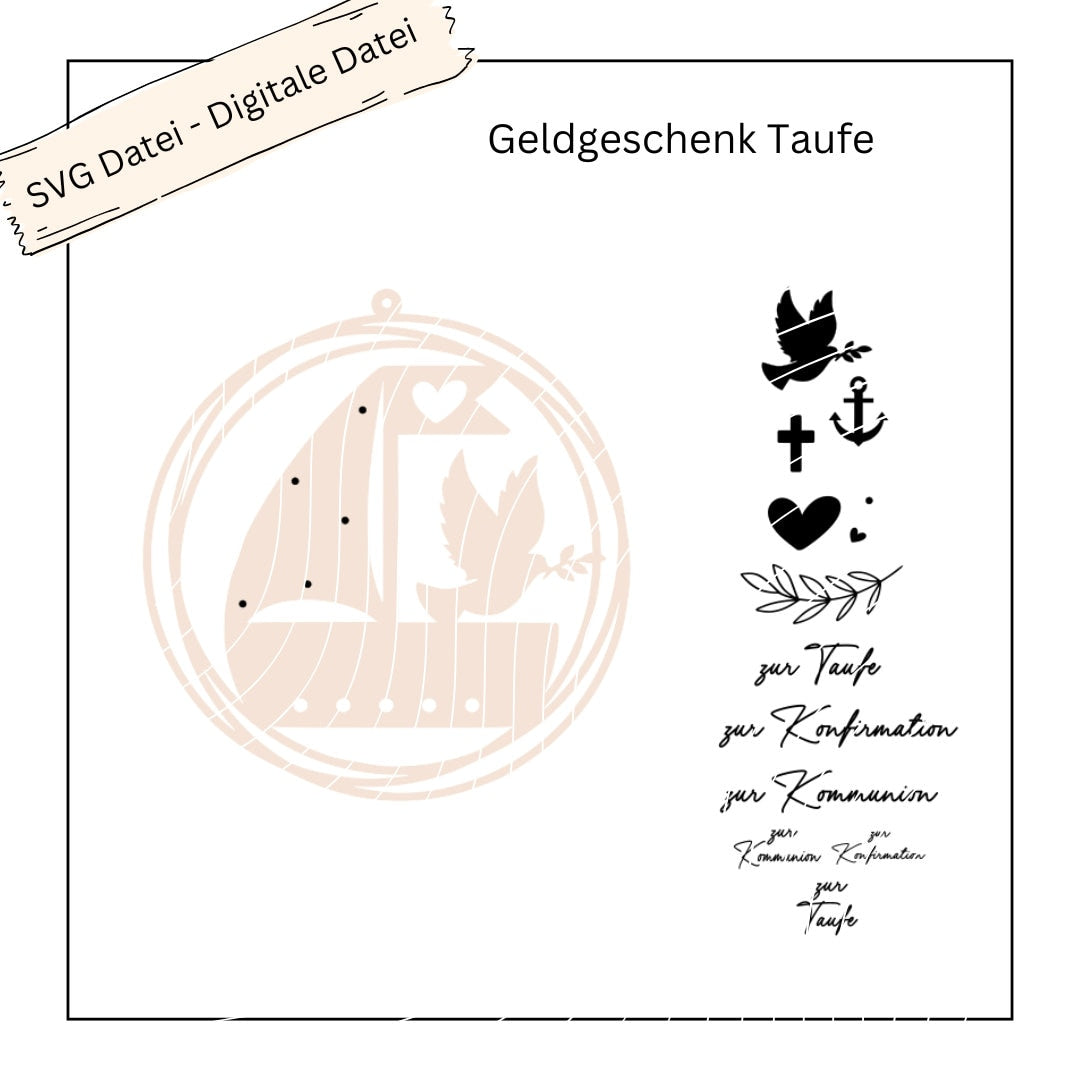 Geldgeschenk Loop Boot mit Taube zur Taufe, Kommunion, Konfirmation - Digitale Datei